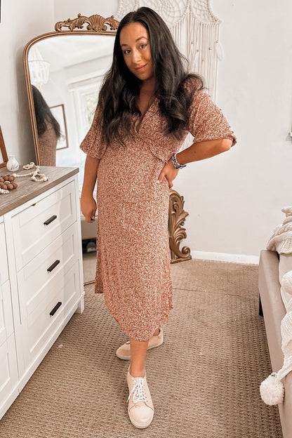 Rust Floral Ruffle V-Neck Maternity Midi Dress