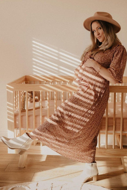 Rust Floral Ruffle V-Neck Maternity Midi Dress