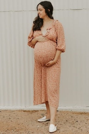 Rust Floral Ruffle V-Neck Maternity Midi Dress