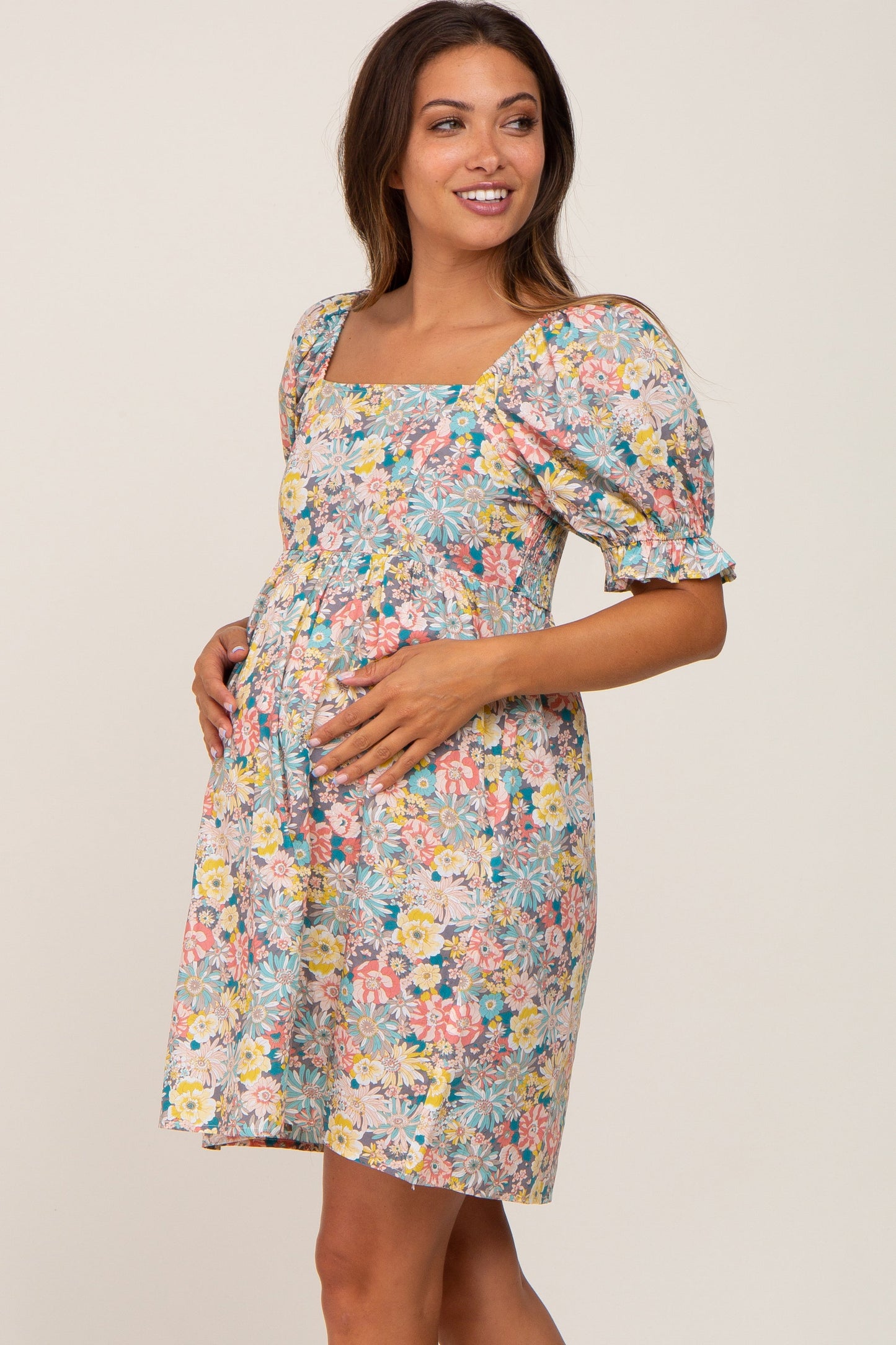Yellow Floral Square Neck Short Puff Sleeve Maternity Dress