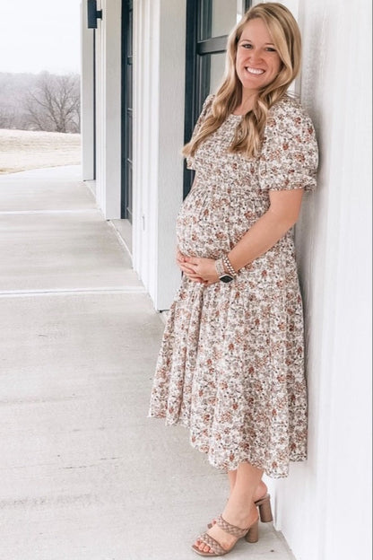 Taupe Floral Smocked Tiered Maternity Midi Dress