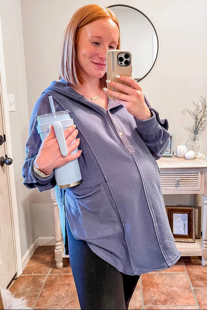 Blue Soft Mixed Knit Button Front Hooded Maternity Top