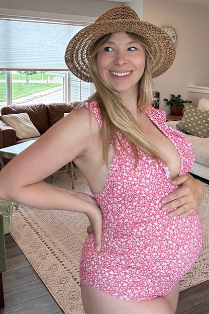 Pink Floral Ruffle Maternity One-Piece Swimsuit