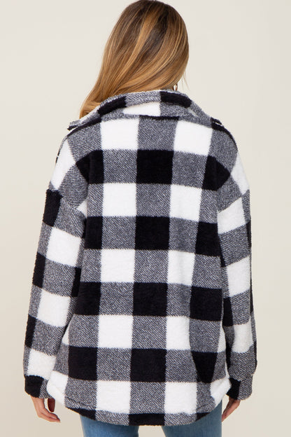 Black Plaid Fuzzy Maternity Shirt Jacket