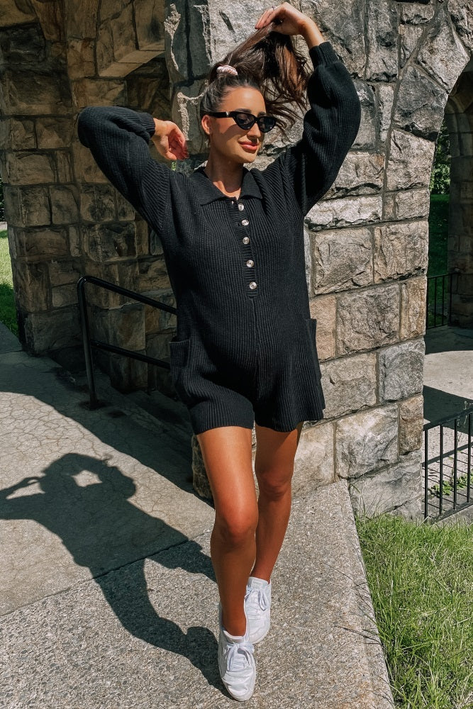 Black Button Down Maternity Sweater Romper