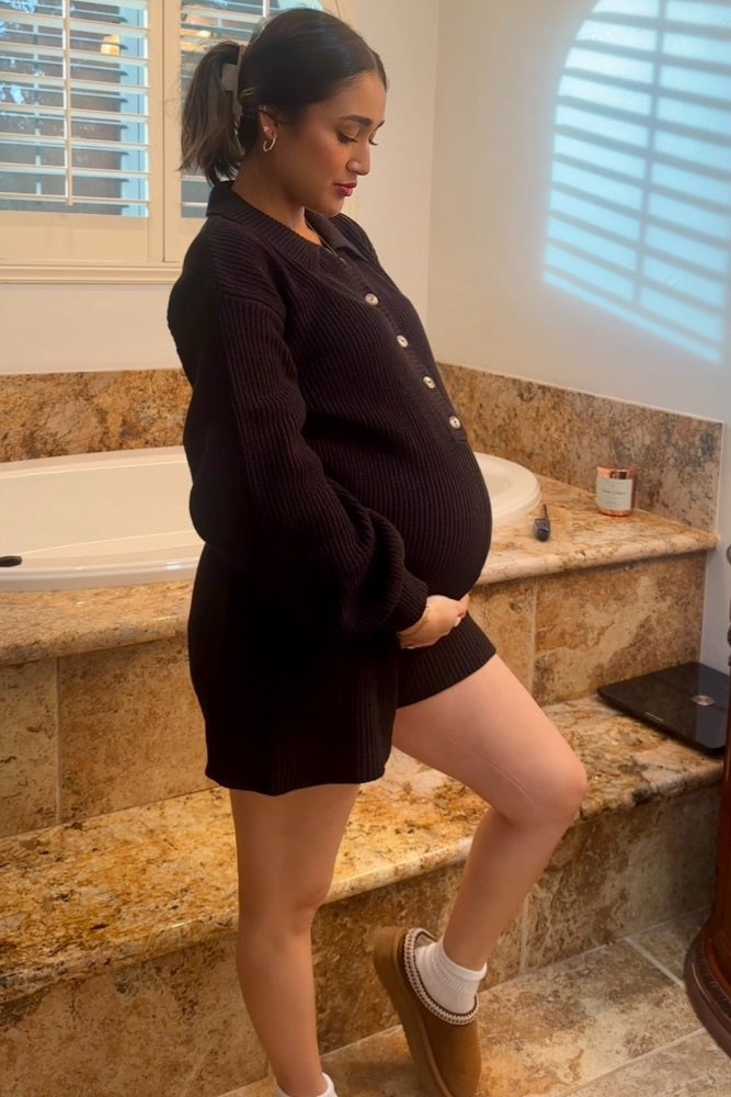 Black Button Down Maternity Sweater Romper