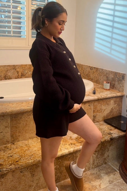 Black Button Down Maternity Sweater Romper