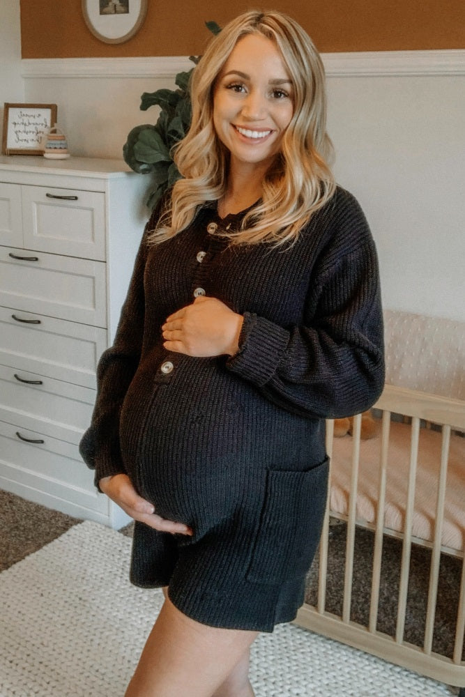 Black Button Down Maternity Sweater Romper