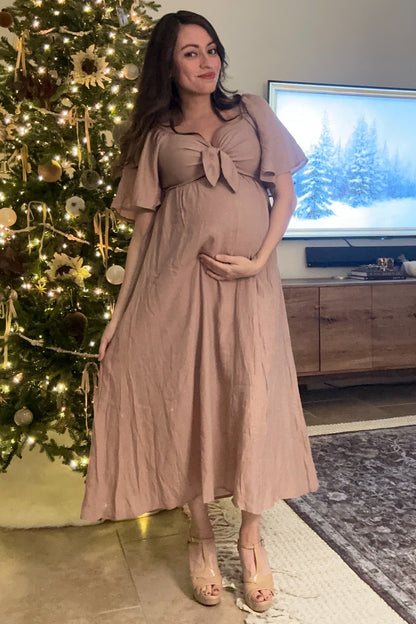 Mocha Front Tie Ruffle Sleeve Maternity Midi Dress