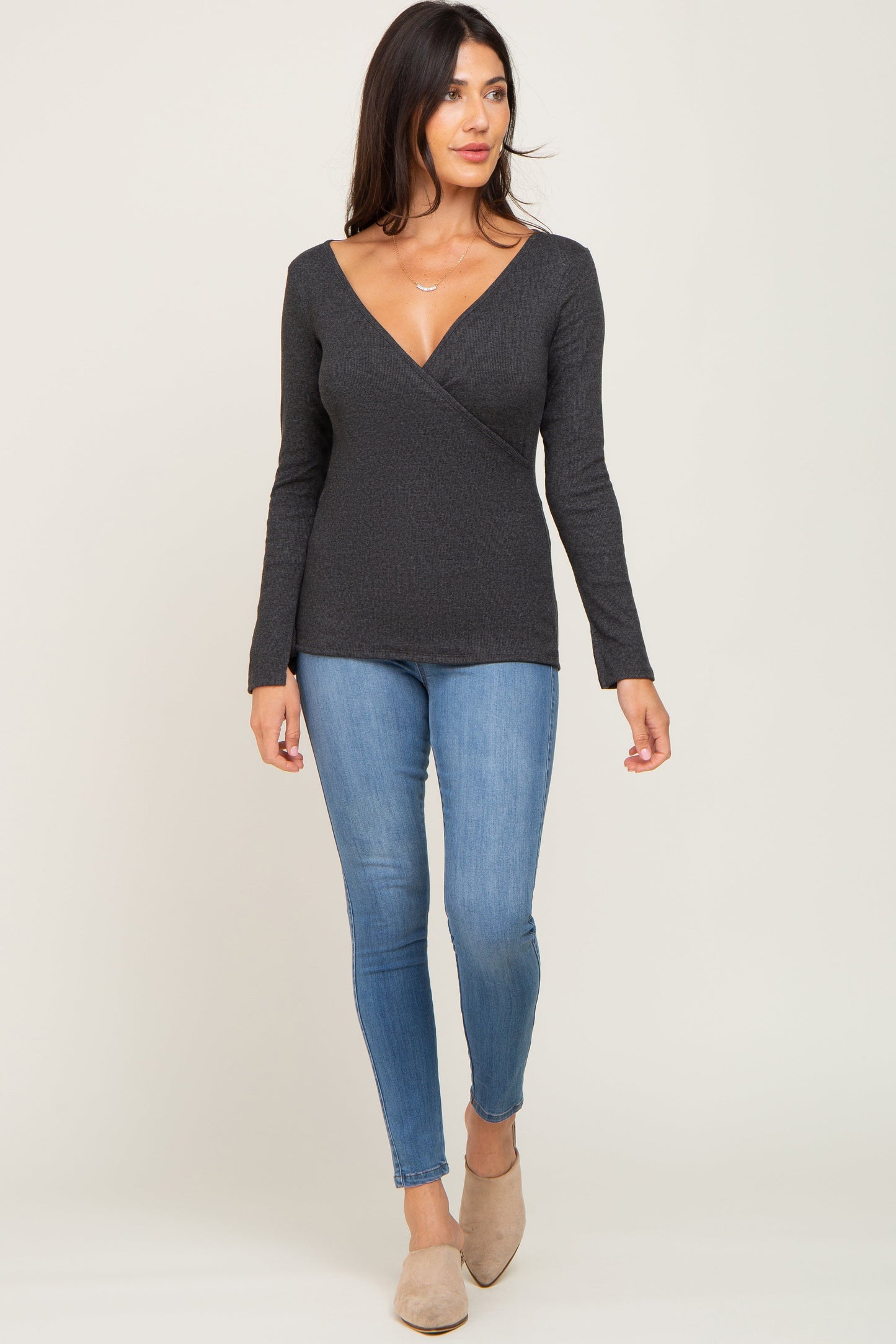 Charcoal Ribbed Long Sleeve Wrap Maternity Nursing Top