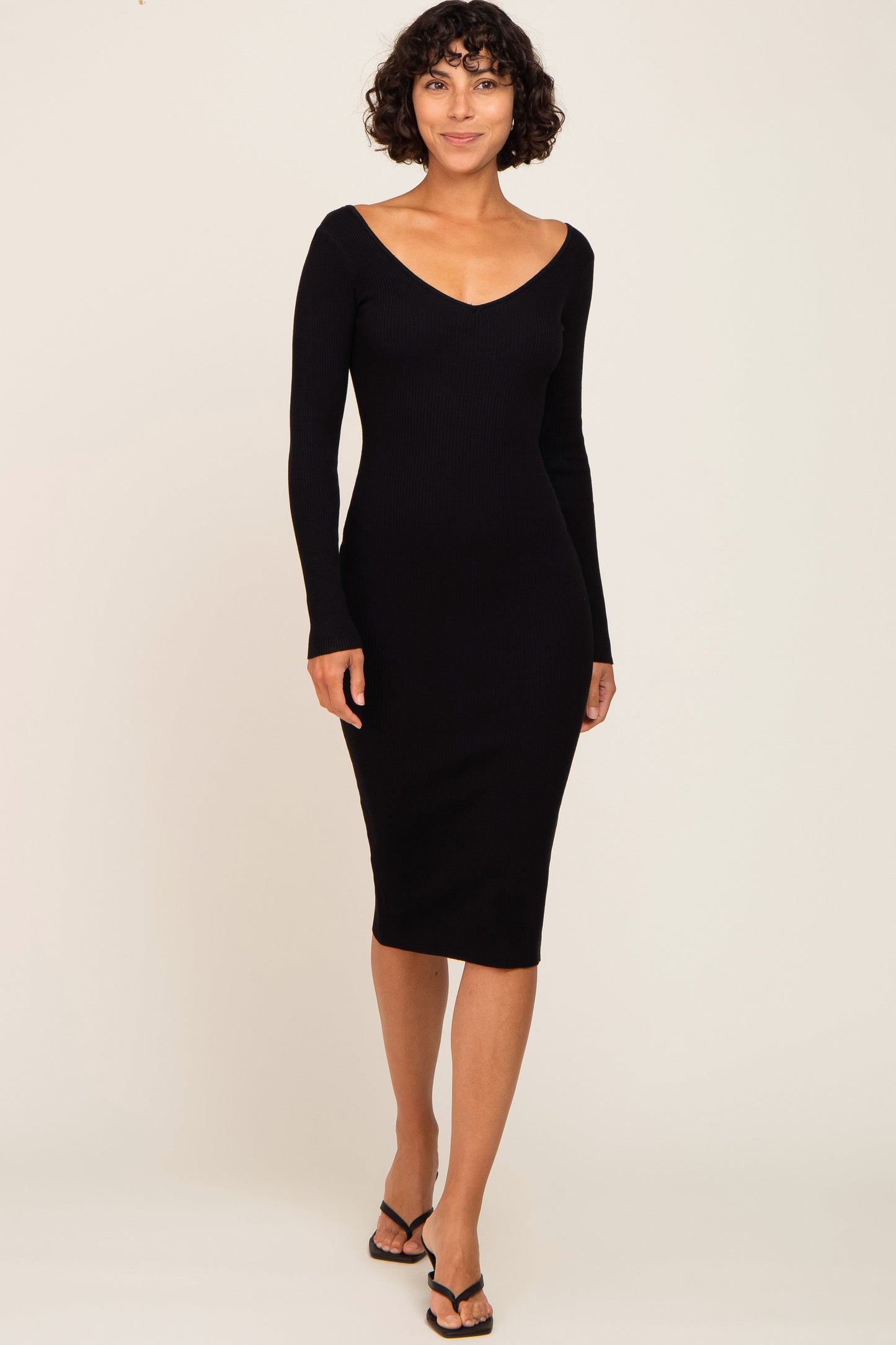 Black Knit Ribbed Maternity Midi Dress