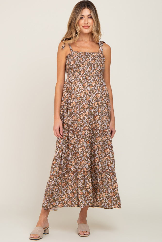 Camel Floral Sleeveless Tiered Maternity Maxi Dress