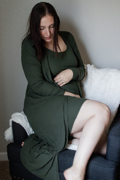 Olive Ribbed Cardigan 2 Piece Maternity Set