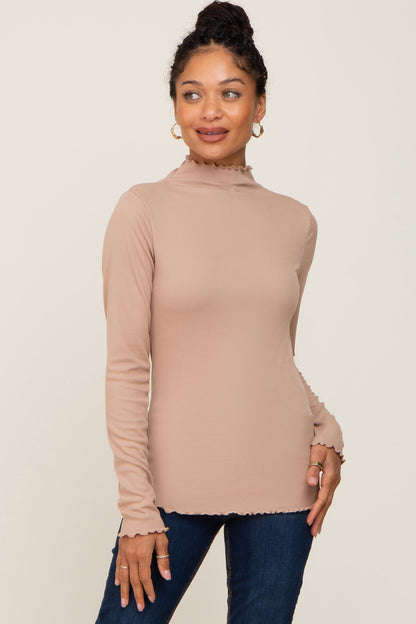 Taupe Ribbed Mock Neck Lettuce Trim Maternity Long Sleeve Top