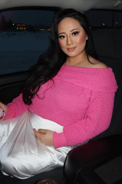 Fuchsia Foldover Off Shoulder Maternity Sweater