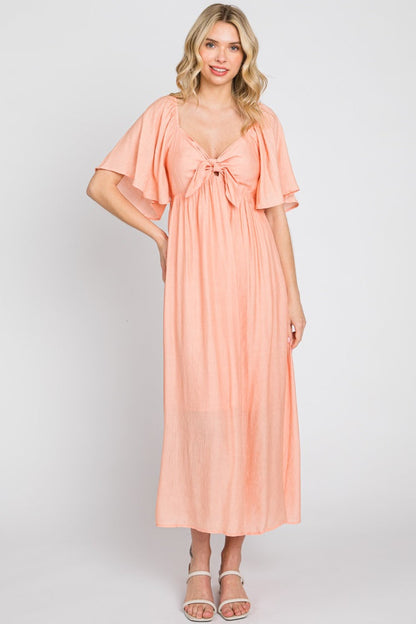 Peach Front Tie Ruffle Sleeve Maternity Midi Dress