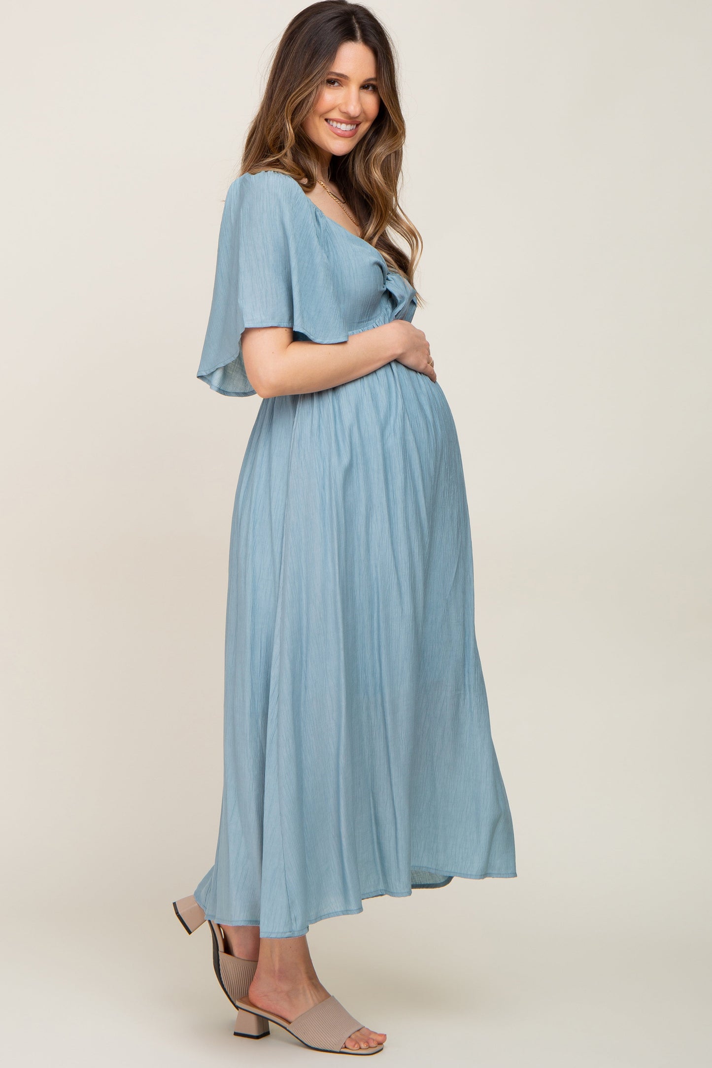 Blue Front Tie Ruffle Sleeve Maternity Midi Dress