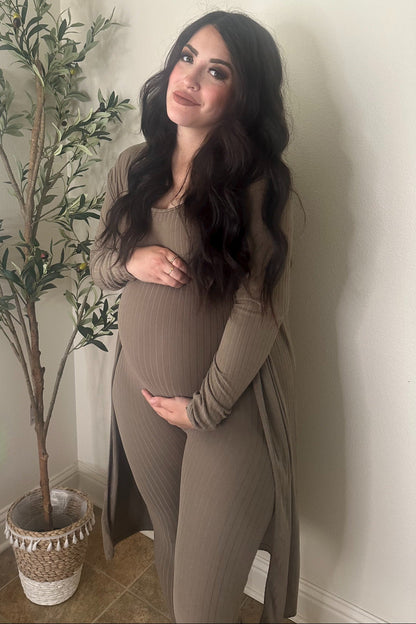 Mocha Ribbed Maternity Jumpsuit Two Piece Set