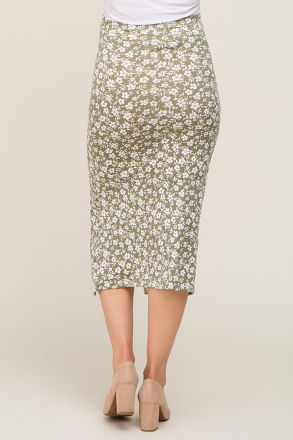 Light Olive Floral Drawstring Front Maternity Midi Skirt