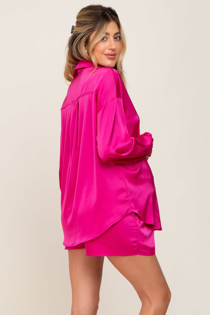 Fuchsia Button Up and Short Satin Maternity Set