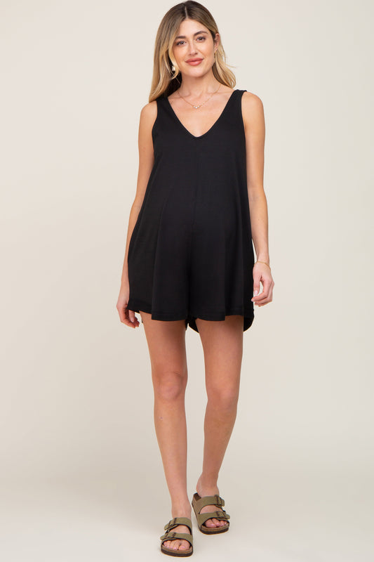 Black Rounded V-Neck Sleeveless Maternity Romper