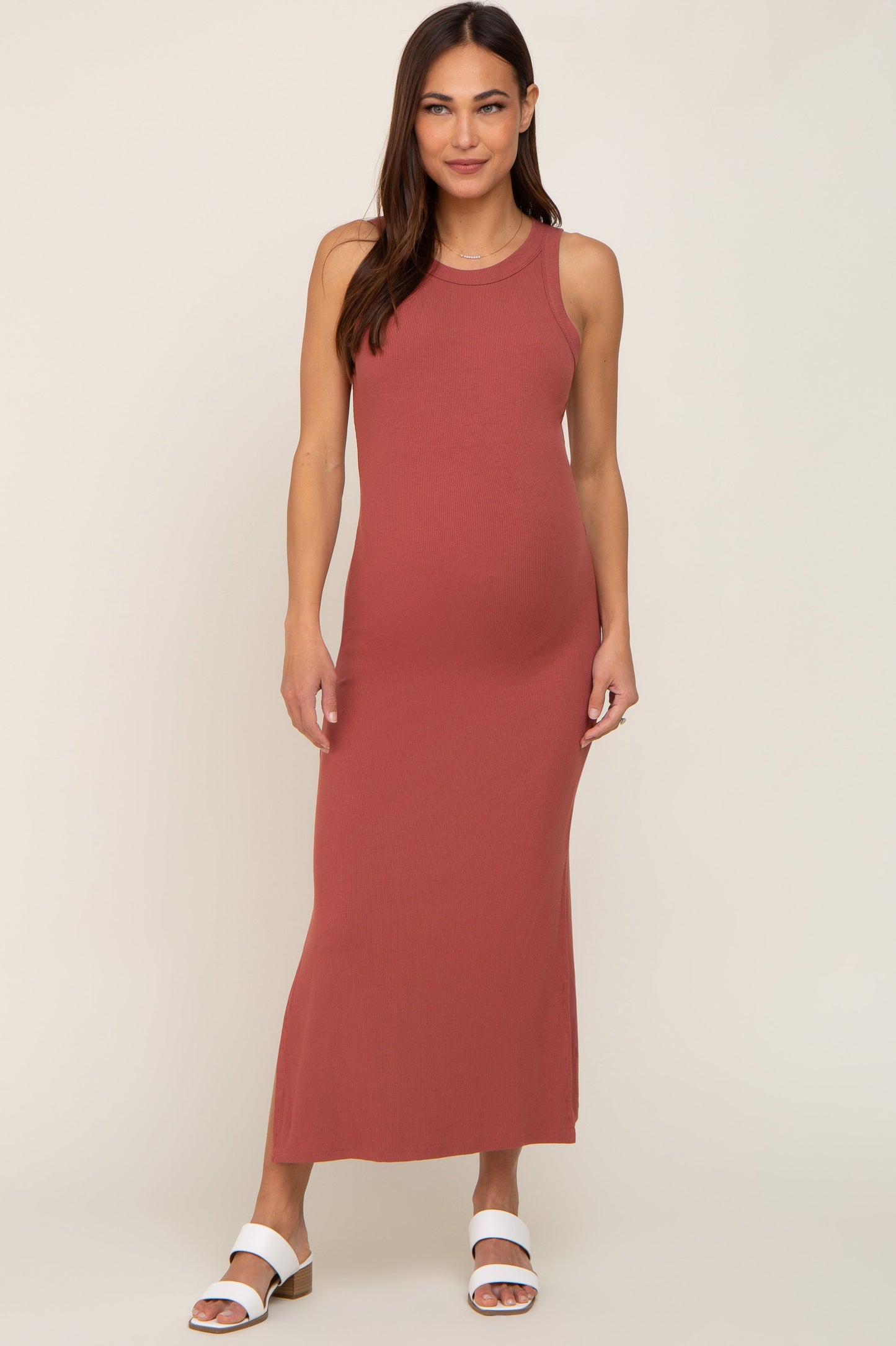 Rust Ribbed Maternity Side Slit Tank Dress
