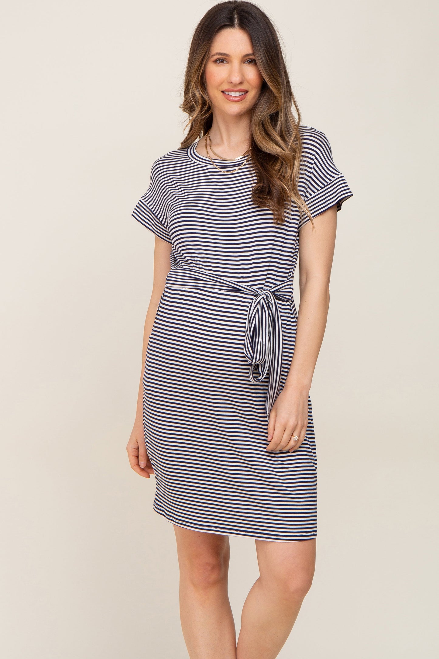Navy Striped Tie Front Maternity Dress