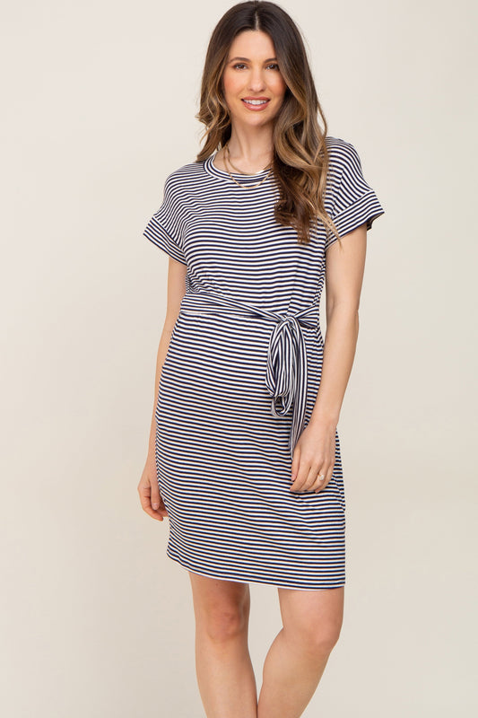 Navy Striped Tie Front Maternity Dress