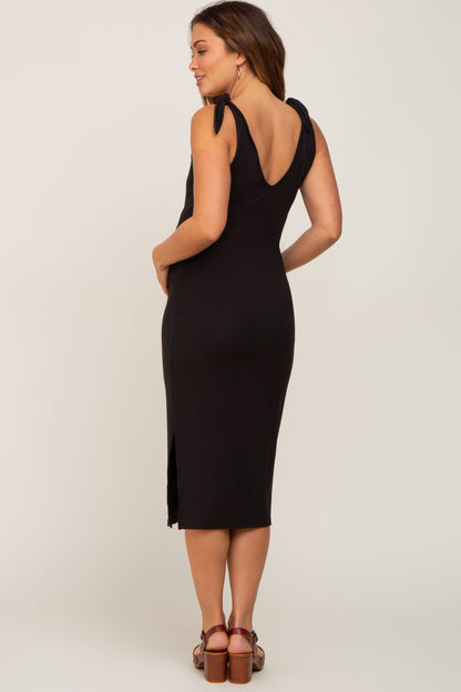 Black Ribbed Shoulder Tie Maternity Midi Dress