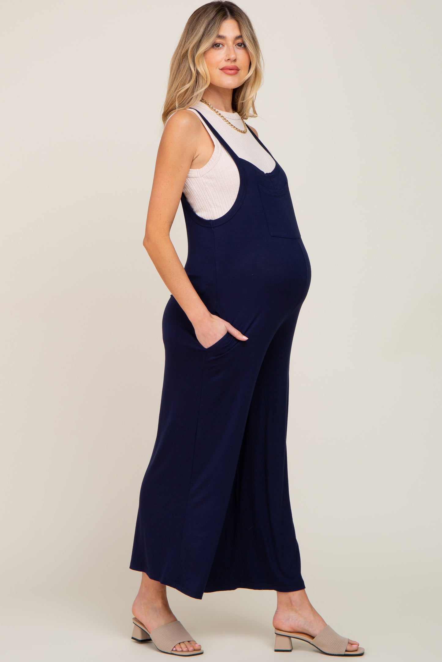 Dark Navy Sleeveless Wide Leg Maternity Jumpsuit