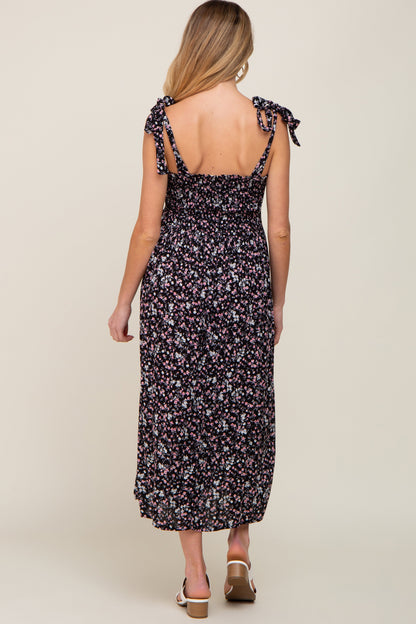 Black Micro Floral Smocked Maternity Dress
