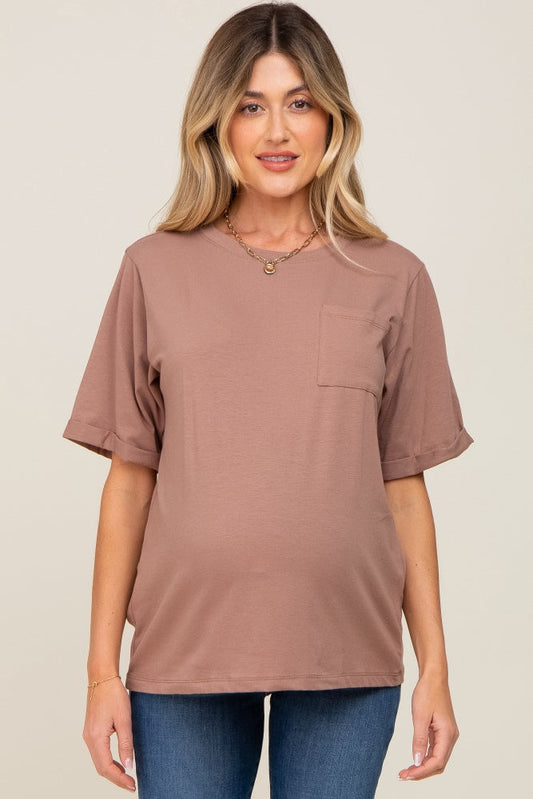 Mocha Oversized Front Pocket Cuffed Short Sleeve Maternity Top