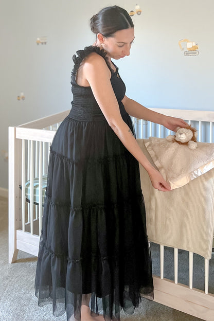 Black Smocked Mesh Ruffle Accent Maternity Midi Dress