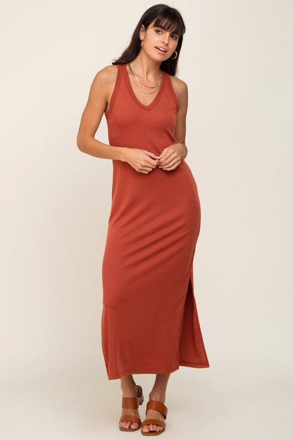 Rust Basic Maternity Shift Midi Dress