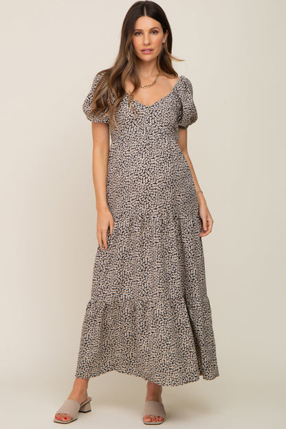 Ivory Floral Puff Sleeve Maternity Maxi Dress