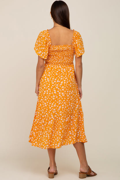 Yellow Floral Smocked Maternity Midi Dress