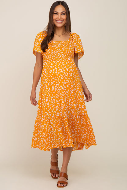 Yellow Floral Smocked Maternity Midi Dress