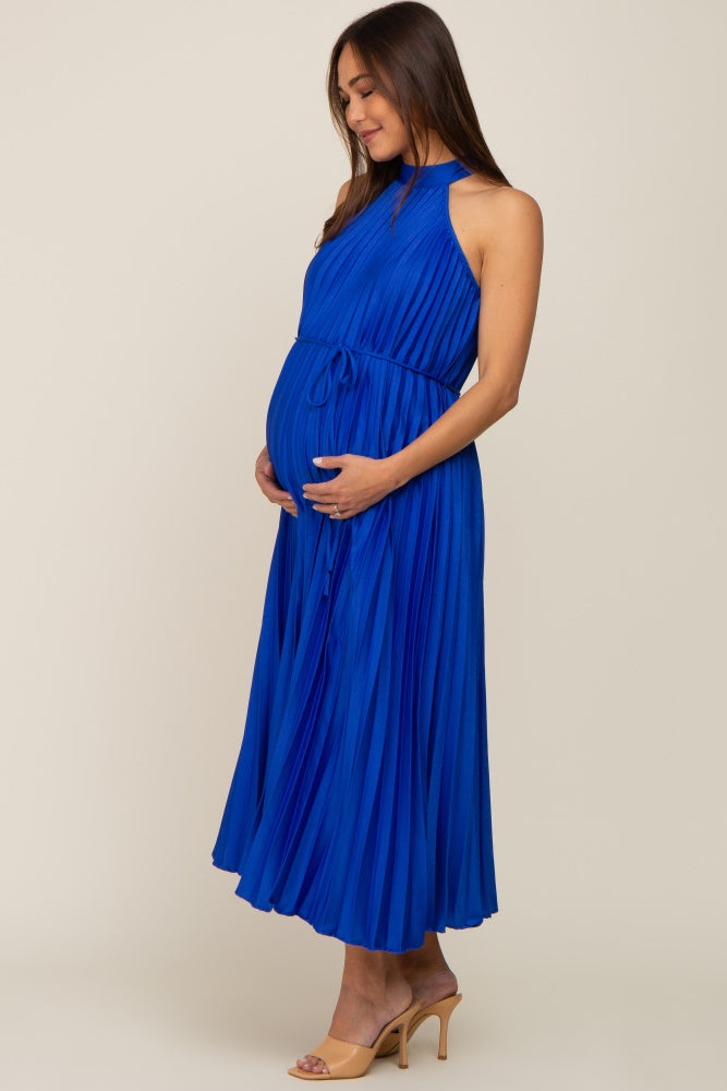 Royal Blue Pleated Maternity Halter Dress