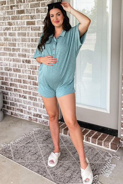 Teal Heathered Front Button Maternity Romper