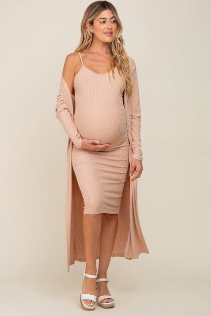 Beige Ribbed Cardigan 2 Piece Maternity Set