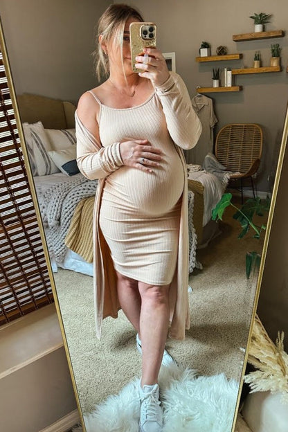 Beige Ribbed Cardigan 2 Piece Maternity Set