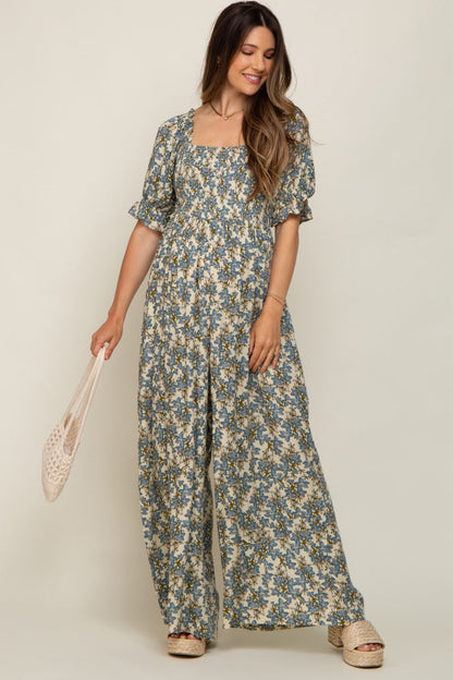 Cream Floral Smocked Maternity Jumpsuit