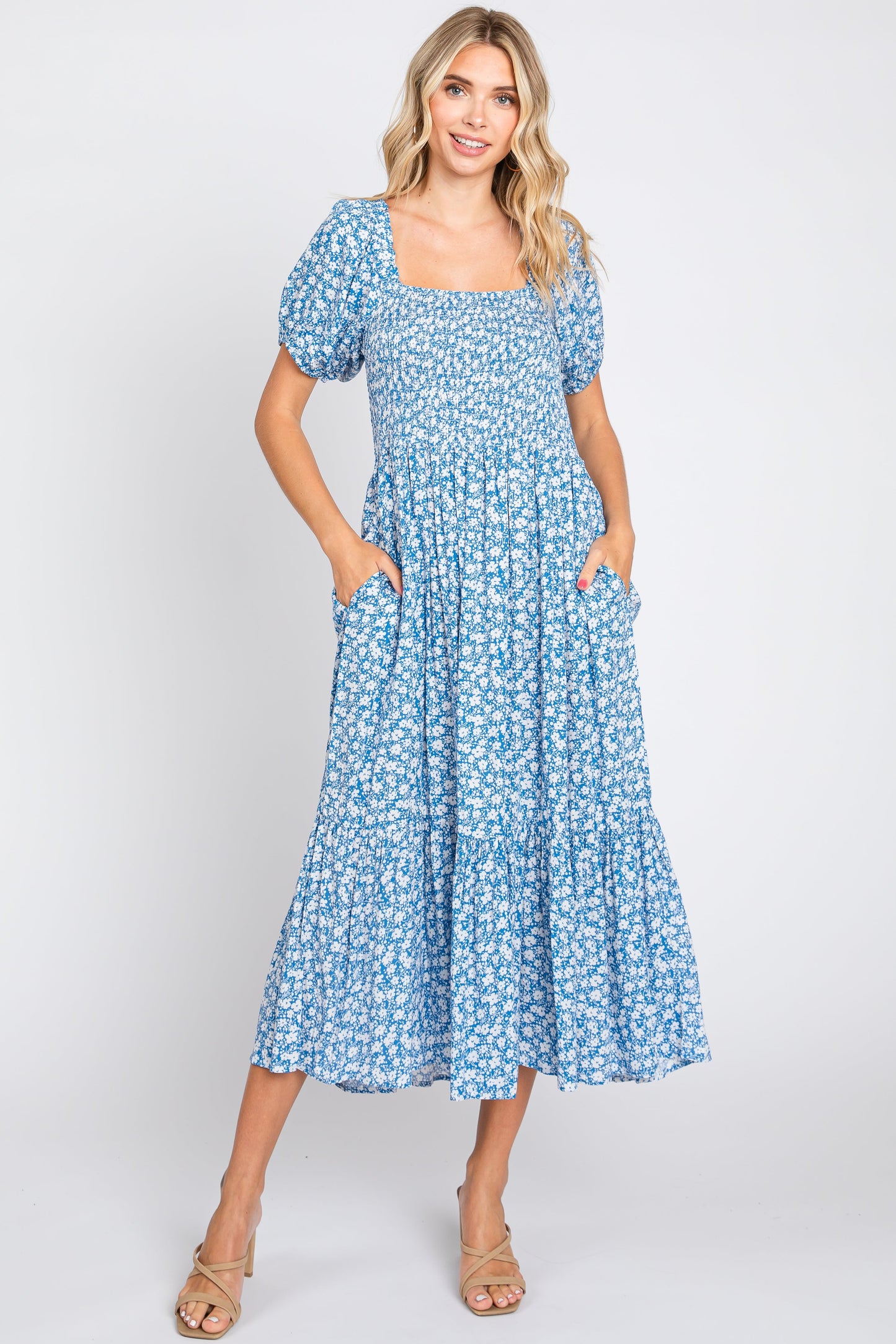 Blue Floral Smocked Short Sleeve Maternity Midi Dress