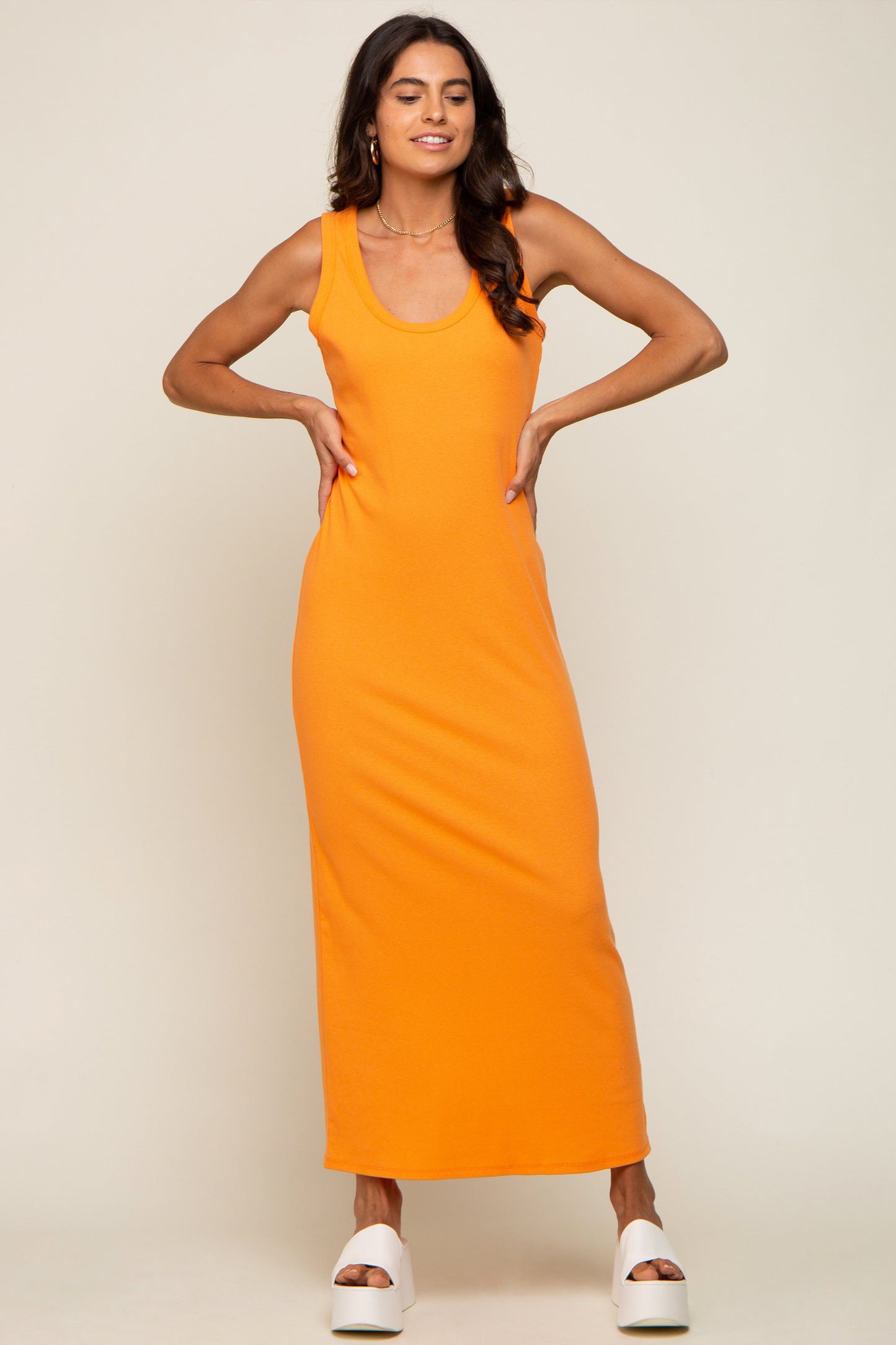 Orange Sleeveless Ribbed Maternity Maxi Dress