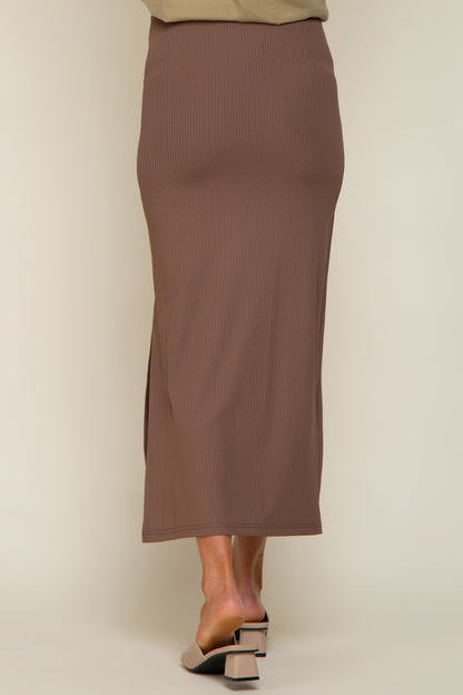 Mocha Ribbed Side Slit Maternity Midi Skirt