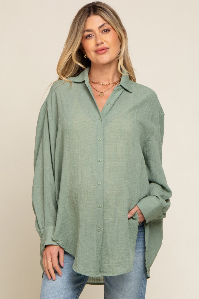 Green Lightweight Sheer Button Down Maternity Blouse