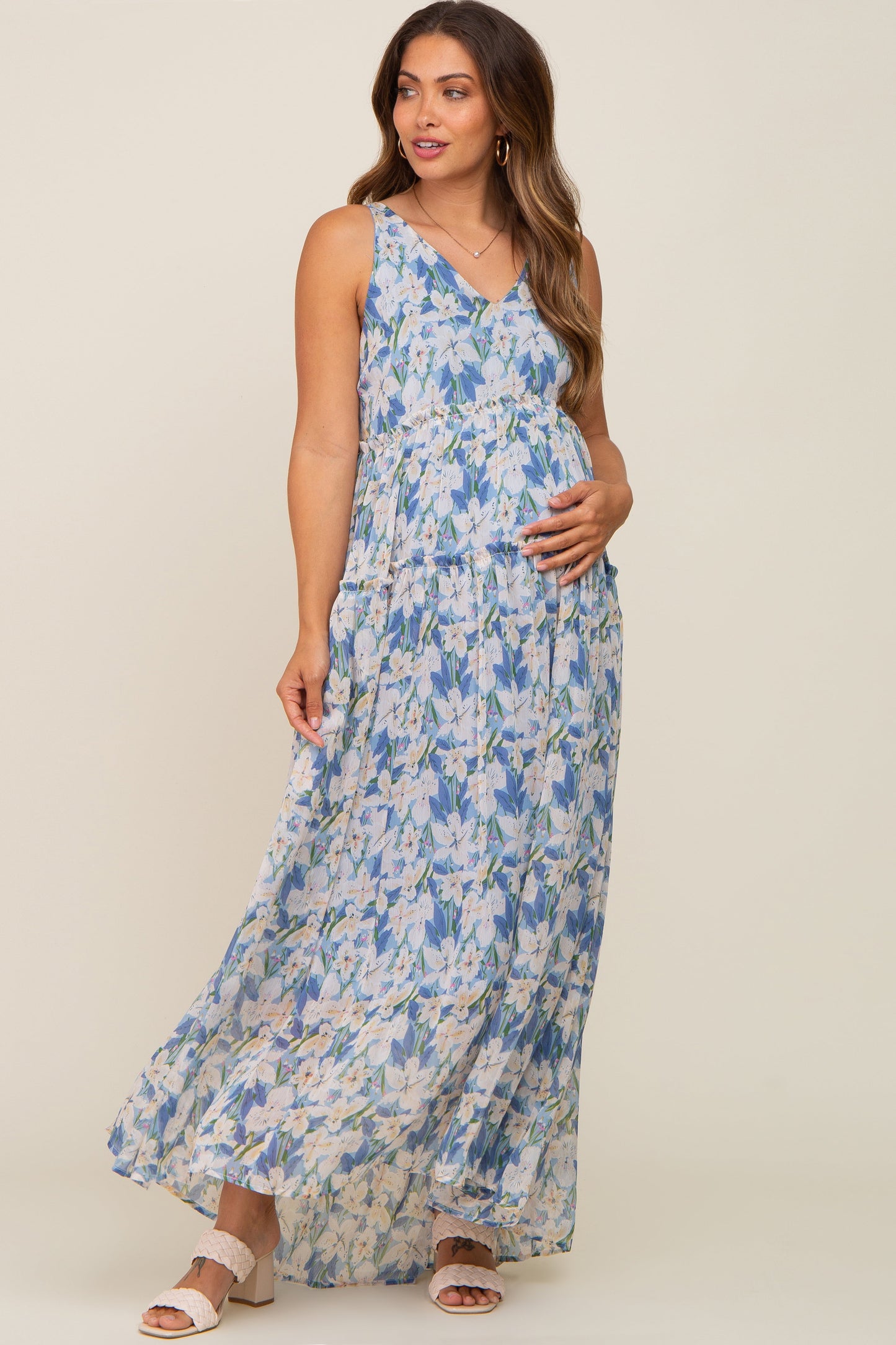 Blue Floral Chiffon Sleeveless Maternity Maxi Dress