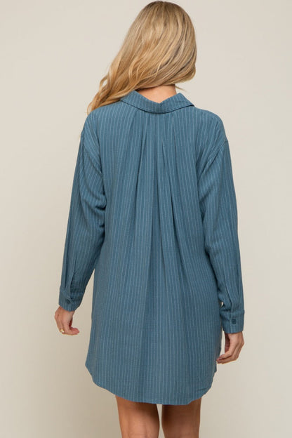 Teal Pinstriped Button-Down Linen Maternity Dress