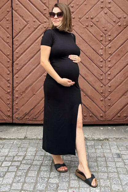 Black Mock Neck Front Slit Short Sleeve Maternity Maxi Dress