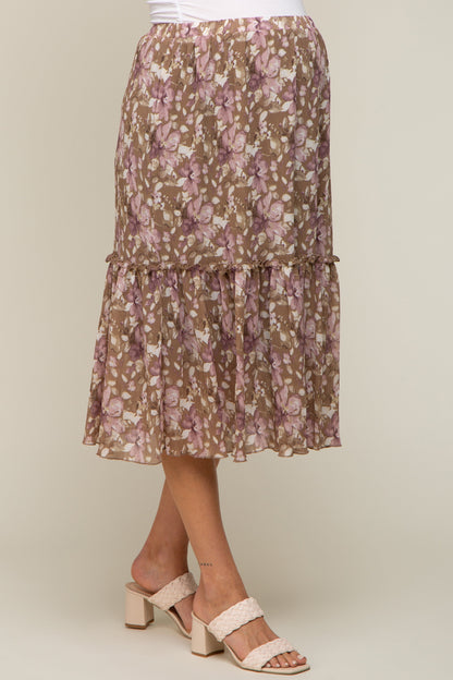 Mocha Floral Plisse Ruffle Accent Maternity Midi Skirt